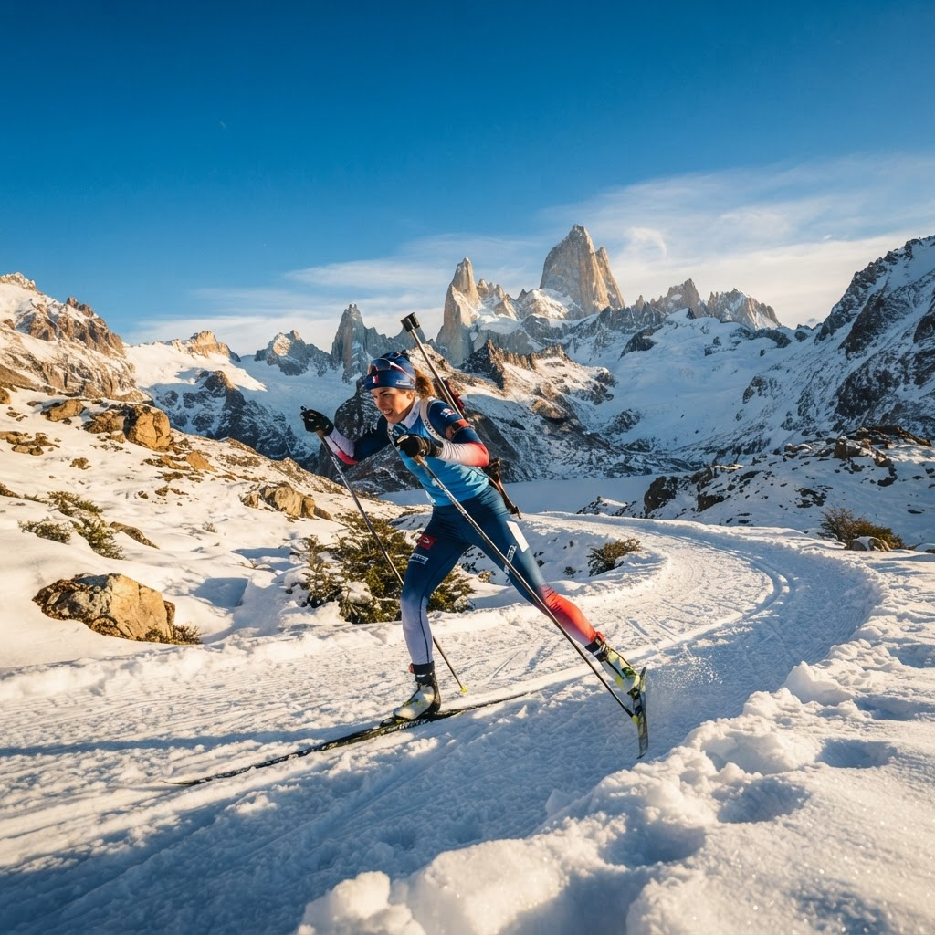Biatleta en las montanas de la Patagonia argentina